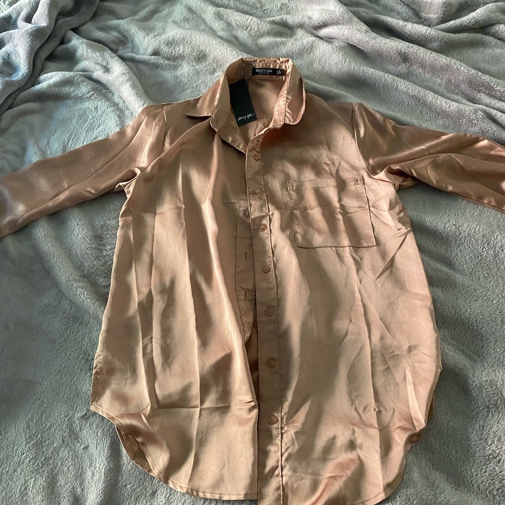 Champagne colored Nasty Gal Smooth Operator oversized satin button down